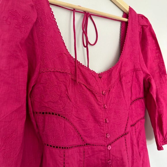 Free People Lisa Embroidered Lace Midi Dress Size S Pink Puff Sleeves Boho BNWT - Picture 14 of 16